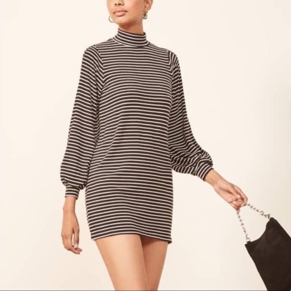 Reformation Dresses & Skirts - Reformation Jeans Striped Nadine Mock Neck Balloon Sleeve Dress